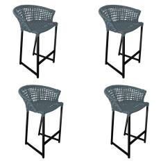 Kit 4 Banquetas Reis em Corda Náutica e Base em Alumínio Preta para Área Gourmet - Externa Cinza