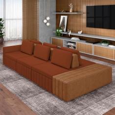 Sofá Ilha com Encosto e Almofadas Móveis Olimpo 335cm Modulado Linho/PU Terracota/Caramelo G45 - Gran Belo