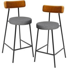 Kit 02 Banquetas Baixa Cozinha Jantar Milão L02 Couríssimo Whisky Linho Cinza Escuro