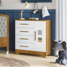 Cômoda 4 Gavetas 1 Porta Fly 100% MDF Branco/Madeirado Ypê - Tigus Bab
