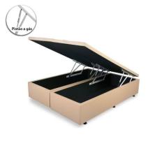 Cama Box Baú Queen Bipartido Blindado Sintético Bege Com Pistão A Gás 