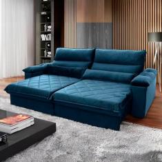 Sofá Retrátil Reclinável Grécia 2.50m Suede Velut Azul Marinho Molas no Assento - King House