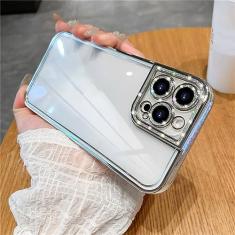 Capa protetora macia com strass e brilho de luxo para iPhone 14 13 12 11 Pro Max Mini XS X XR 7 8 Plus SE Plating Silicone Clear Cover, Silver, For iPhone13