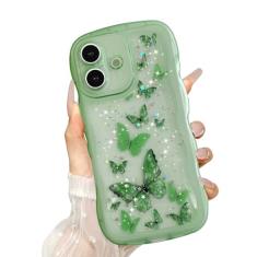 UEEBAI Capa de borboleta ondulada para iPhone 16, linda estrela borboleta brilhante para mulheres linda capa de telefone brilhante com glitter para meninas capa transparente encaracolado à prova de