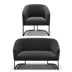 Sofá Namoradeira E Poltrona Base Industrial Preto Stella Suede D03 - D