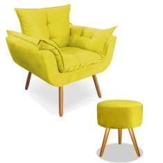 Kit Poltrona Decorativa Opala Deluxe com Puff Redondo Suede Amarelo