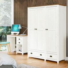 Conjunto Quarto: Guarda-Roupa 3 Portas, Escrivaninha 2 Gavetas Topázio Branco/Freijó Madeira Pinus - Finestra