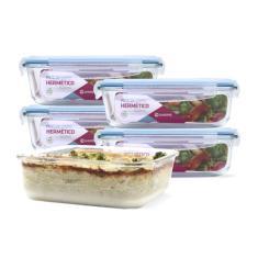 KIT 5 Potes de Vidro Retangular com Tampa Hermética 1520ml Cor:Azul (QH)