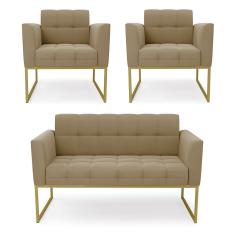 Kit 1 Sofá Namoradeira e 2 Poltronas Elisa Suede Marrom Rato Base Metálica Industrial Dourado D03 - D'Rossi
