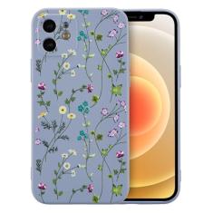 RALEAVO Capa floral para iPhone 12, capa de silicone líquido com lindo padrão de ramo de flores para meninas e mulheres, capa protetora de borracha macia fina para iPhone 12 (6,1 polegadas), cinza