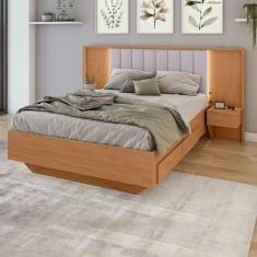 Cama Casal 140cm com Usb, Usb-c 2 Mesa de Cabeceiras Solaris Amêndoa Clean/Bege