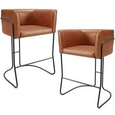 Kit 02 Banquetas Baixa Base de Aço Preto Betina D02 Couríssimo Camel B-14 - Lyam Decor