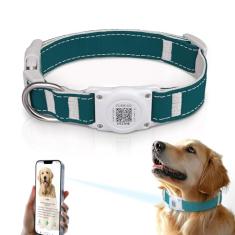 Airtag Coleira para cães QR Code – IP68 impermeável integrada, suporte para coleira de cachorro – Perfil online gratuito para animais de estimação – Cânhamo de algodão natural durável – Adequado para