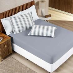 Lençol Casal Malha 100% Algodão Listrado - Cinza - Casa Scarpa