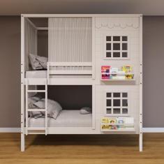 Beliche Casinha Reta Com 02 Janelas E Cortina Madeira Maciça Branco Housin