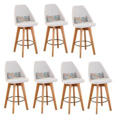 Kit 07 Banquetas Alta Maya Giratória Com Encosto Linho Bege Claro e Almofada Folhas - Aurora Line