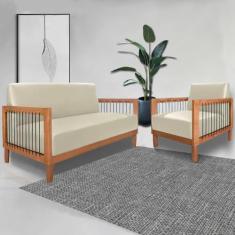 Conjunto Sofá Namoradeira e Poltrona Sala de Estar Pés Madeira Maciça Corda Náutica Preta Manila PU Bege G63 - Gran Belo