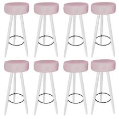 Kit 08 Banqueta Alta Flora Pés Palito em Madeira Branco para Bar Bistr