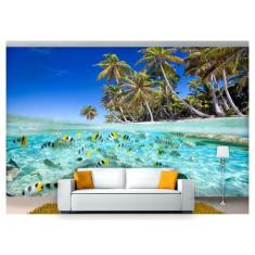 Papel De Parede Praia Mar Coqueiros Peixes 3D  Npr242 - Você Decora