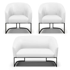 Sofá Namoradeira E 2 Poltronas Base Industrial Preto Stella Corino D03 - D`rossi Cor Branco