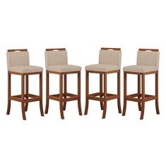 Kit 4 Banquetas Alta Encosto Estofado 38x98 Cm Turim Madeira Maciça Pinhão Suede Bege - CCS