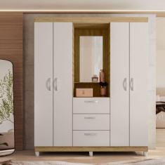 Guarda Roupa Casal 4 Portas 3 Gavetas Capelinha com Espelho Natal Espresso Móveis Mel/Off White