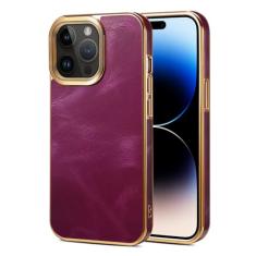 Capa de telefone de couro com moldura revestida oleada para iPhone 12 13 14 15 Pro Max 15Plus Capa macia de proteção de lente galvanizada, roxa, para iPhone 15 ProMax