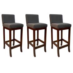 Kit 3 Banquetas Alta Estofada de Madeira Castanho Melody Suede Cinza