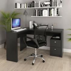 Kit Escrivaninha em L 2 Gavetas Me4129 e Cadeira de Escritório Diretor Tela Mesh Tok 3310 Preto