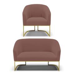 Sofá Namoradeira E Poltrona Base Industrial Dourado Stella Veludo Rosê D03 - D'rossi