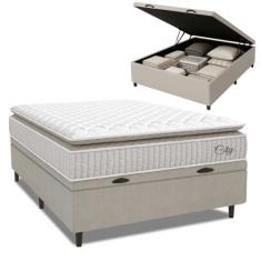 Cama Box Baú Colchão Casal Molas Ensacadas City Pillow Top 138x188x64cm Branco / Bege Hellen - Suporta até 110kg por Pessoa