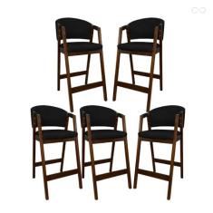 Kit 5 Banquetas Alta com Encosto Ravena Madeira Maciça Maciça Pinhão S