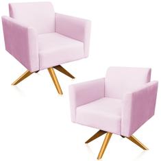 Kit 02 Poltronas Base Giratória Madeira Suede Rosa Bebê