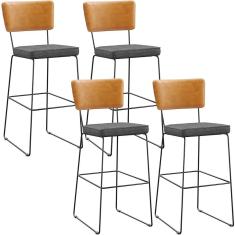 Kit 4 Banquetas Altas Allana L02 Industrial Aço Assento Linho Cinza Lyam Decor