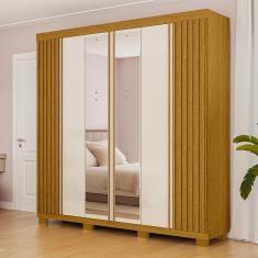 Guarda-roupa Casal 230,10cm 6 Portas Ripado 6 Gavetas com Espelho 100% Mdf Magnólia Cinamomo/Off White
