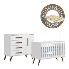Quarto de Bebê Qencanto com Cômoda e Berço Qmovi Branco + Colchão Gazi