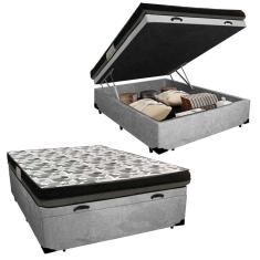 Cama Box Baú Casal Suede + Colchão Ortobom Iso Dupla Face 138x188x60 Cor:cinza