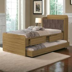 Cama Tamires Baú Freijó Com Auxiliar E Capitonê Nogal