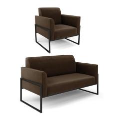 Sofá Namoradeira com Poltrona Base Industrial Alta Preto Marisa Suede 