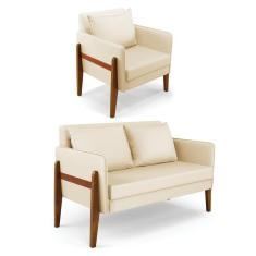 Kit 1 Sofá Namoradeira e 1 Poltrona Lana Corino Bege Base de Madeira - D`Rossi