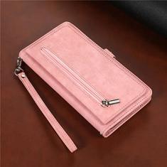 Capa de telefone de couro com cordão longo para Samsung Galaxy S23 S22 Ultra S21 FE S20 S10 Plus Note 20 Carteira com zíper Capa para vários cartões, rosa, para Samsung Note 20