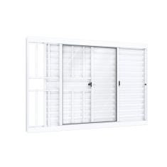 Janela de Aluminío de Correr 100x120cm 2 Folhas Móveis 1 Fixa com Grade e Vidro Lucasa Ideale Branco