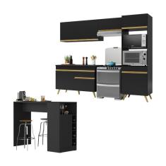 Armário De Cozinha Compacta Com Mesa/bancada Veneza Multimóveis Mp2210 Preto/dourado Preto/dourado