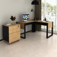 Escrivaninha em L 136x135cm com Gaveteiro 3 Gavetas com Chave Amêndoa/Preto