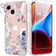 bicol Capa para iPhone 13 Mini com protetor de tela e lente de câmera - Designs florais de flores elegantes para mulheres e meninas - Capa de telefone transparente de acrílico à prova de choque de 5,4