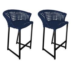 Kit 2 Banquetas Reis Em Corda Náutica E Base Em Alumínio Preta Para área Gourmet Azul Marinho Azul