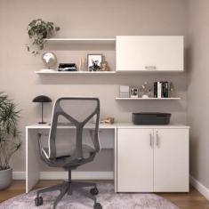 Conjunto de Mesa com Armário de Escritório, Armário Aéreo e 3 Pratelei