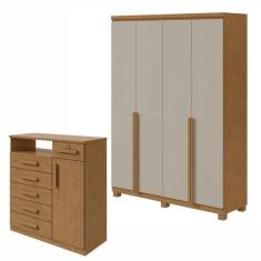 Conjunto de Guarda-Roupa Alonzo com pés e Cômoda Da Vinci com Nicho Amêndoa Clean/Off White