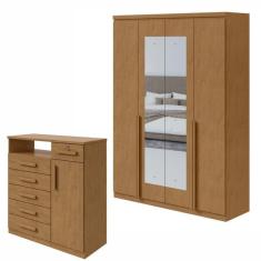Conjunto de Guarda-Roupa Alonzo com espelho e Cômoda Da Vinci com Nicho Amêndoa Clean