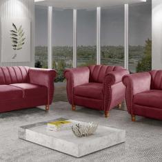 Conjunto Realeza Sofá com Poltronas Chesterfield Decoração Bordô